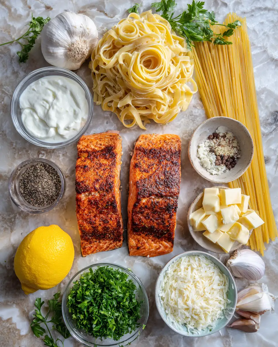Savor the Richness: Blackened Salmon Alfredo Pasta Delight 4 Ingredients for Savor the Richness: Blackened Salmon Alfredo Pasta Delight