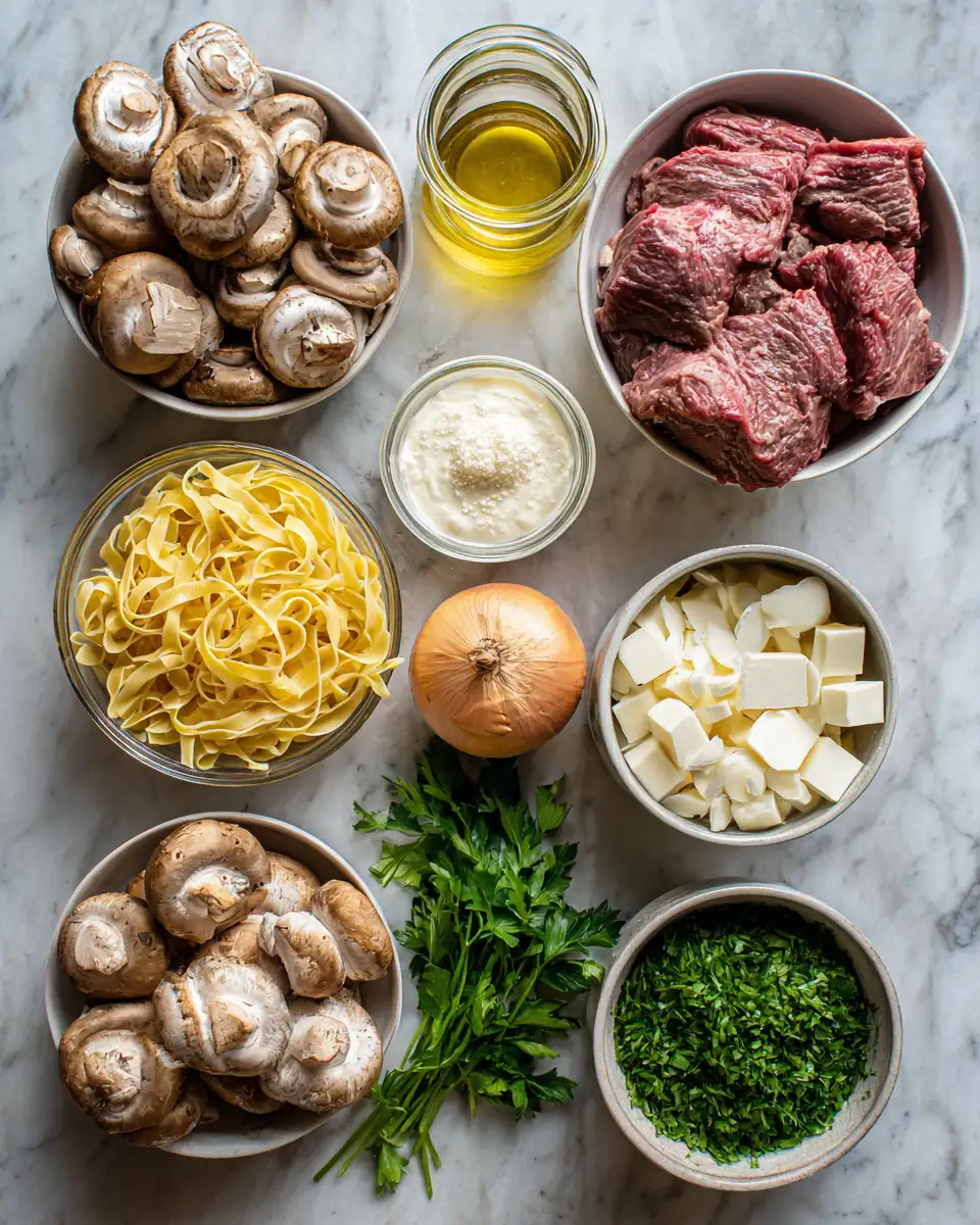 Indulge in Comfort: Creamy Mushroom Beef Stroganoff Bliss 4 Ingredients for Indulge in Comfort: Creamy Mushroom Beef Stroganoff Bliss