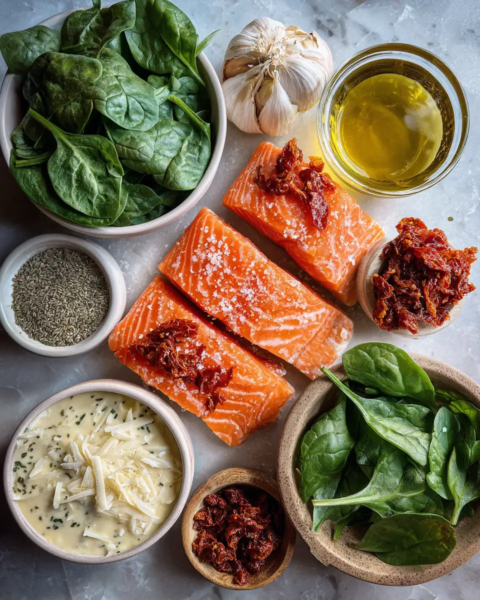 Ingredients for Indulge in the Ultimate Creamy Tuscan Salmon Skillet Delight