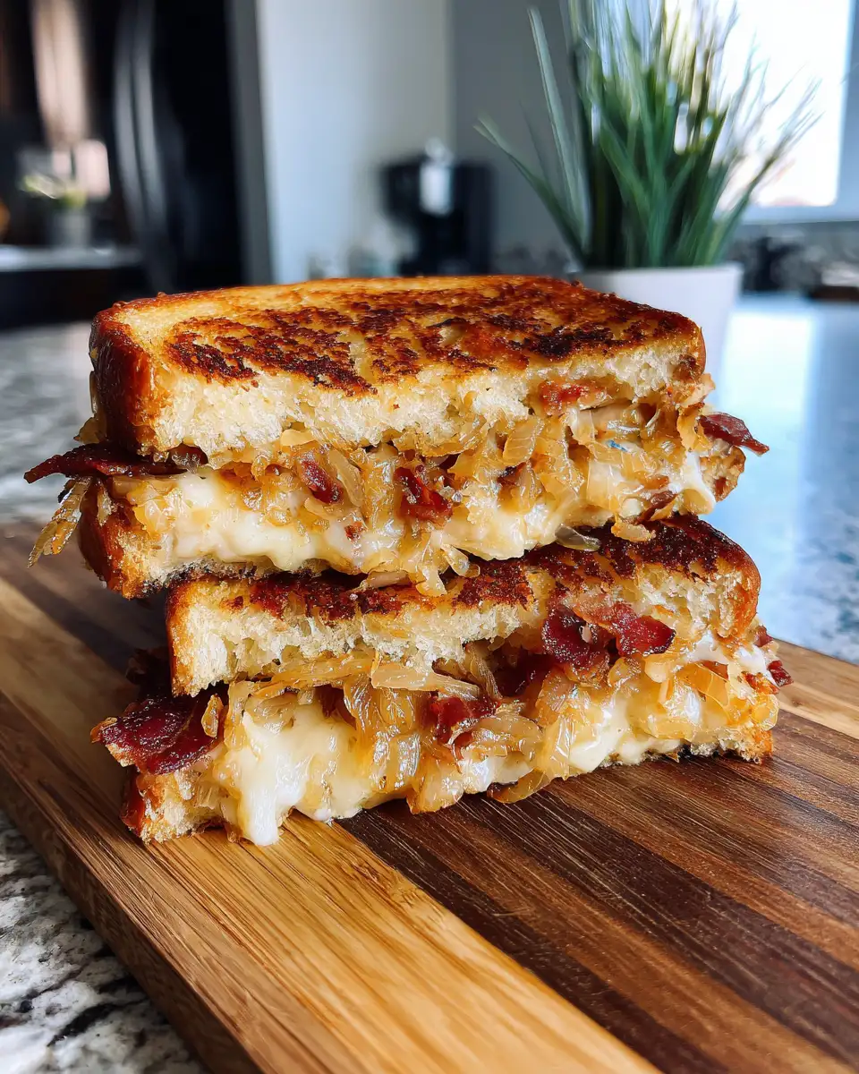 Final dish - Indulge in the Ultimate Caramelized Onion Bacon Grilled Cheese Delight
