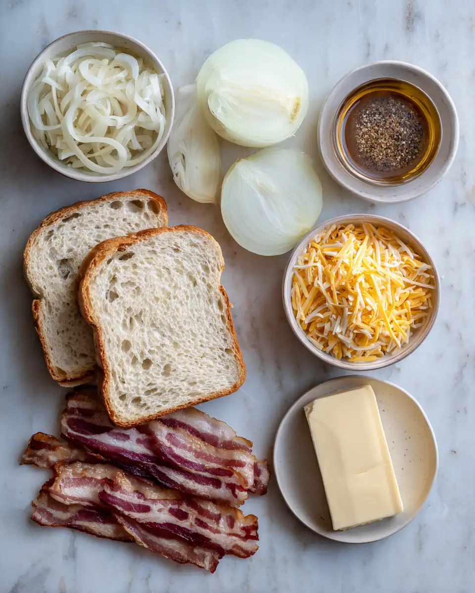 Ingredients for Indulge in the Ultimate Caramelized Onion Bacon Grilled Cheese Delight