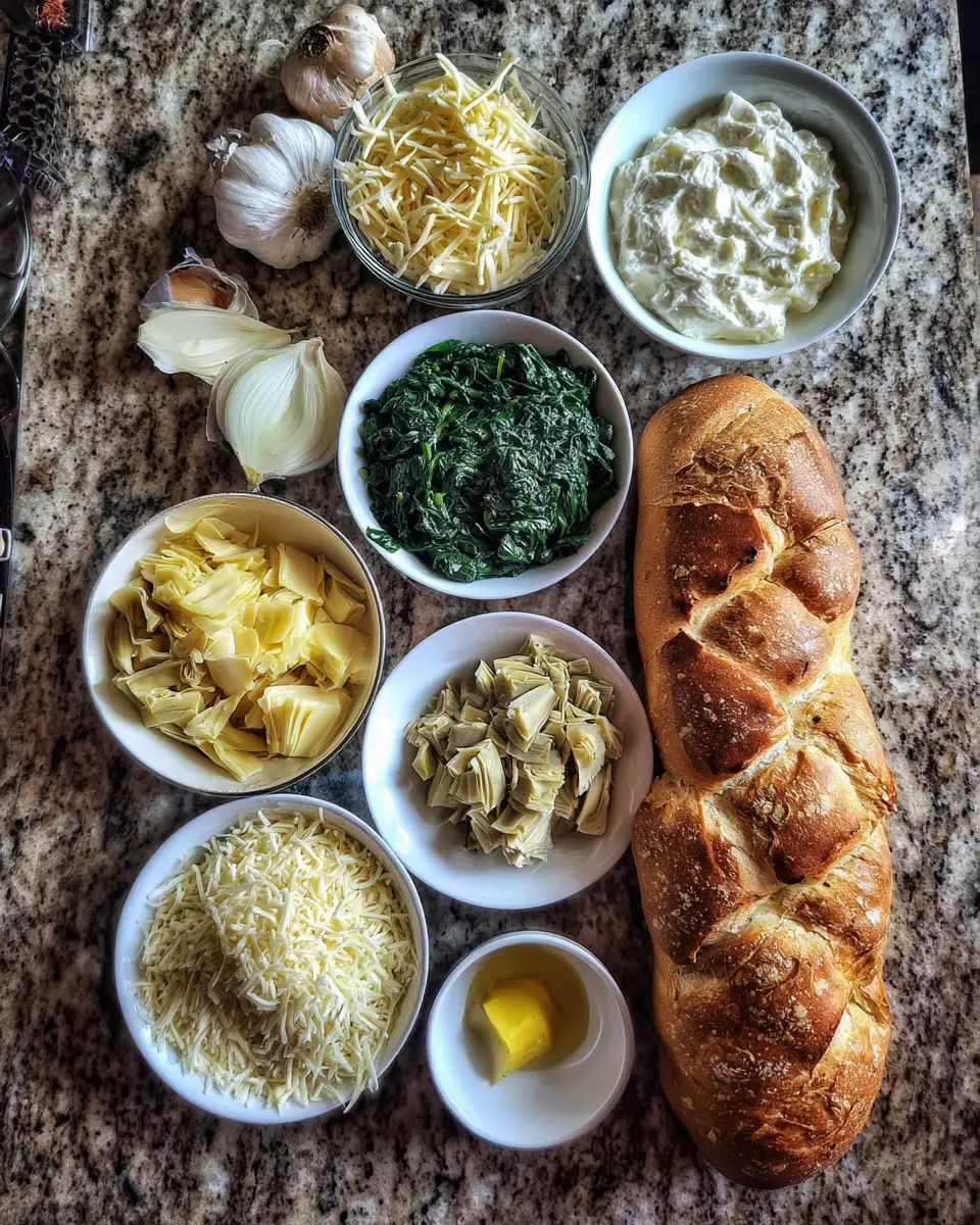 Ingredients for Ultimate Cheesy Spinach Artichoke Dip Bread Bliss