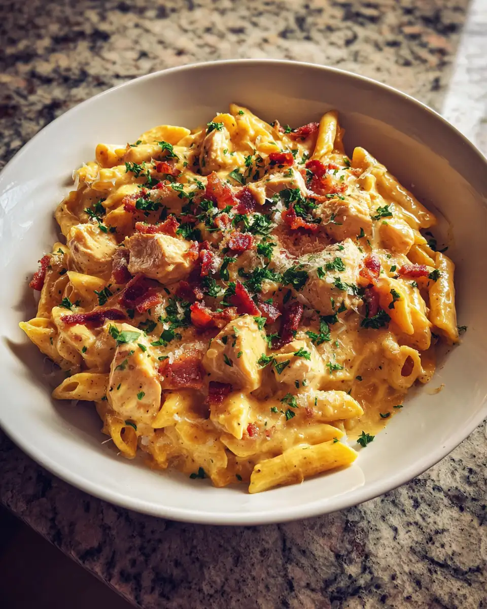 Final dish - Indulge in Comfort: Creamy Bacon Chicken Pasta Delight