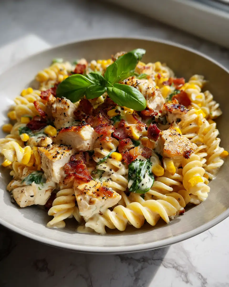 Final dish - Indulge in Comfort: Creamy Chicken and Corn Pasta with Crispy Bacon