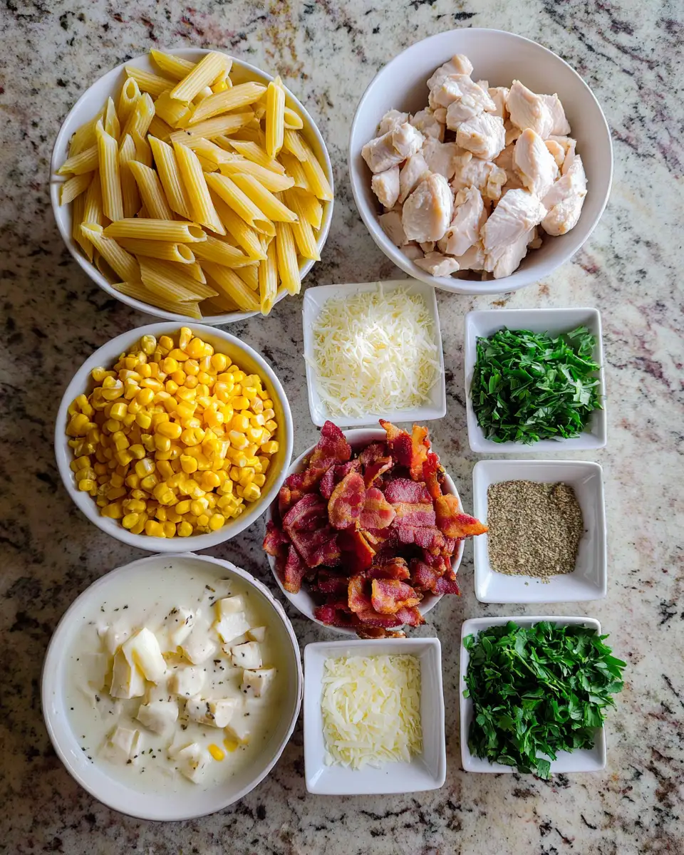 Ingredients for Indulge in Comfort: Creamy Chicken and Corn Pasta with Crispy Bacon