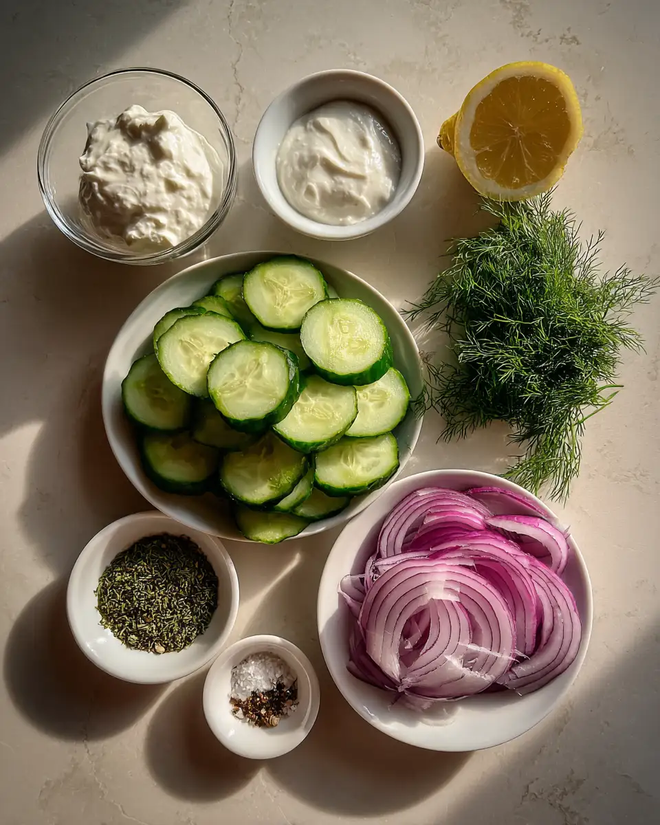 Ingredients for Refreshing Bliss with Creamy Dill Cucumber Salad