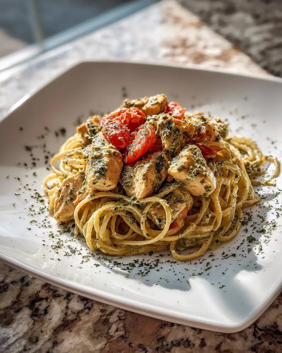Final dish - Savor the Flavors: Irresistibly Creamy Pesto Chicken Pasta Delight