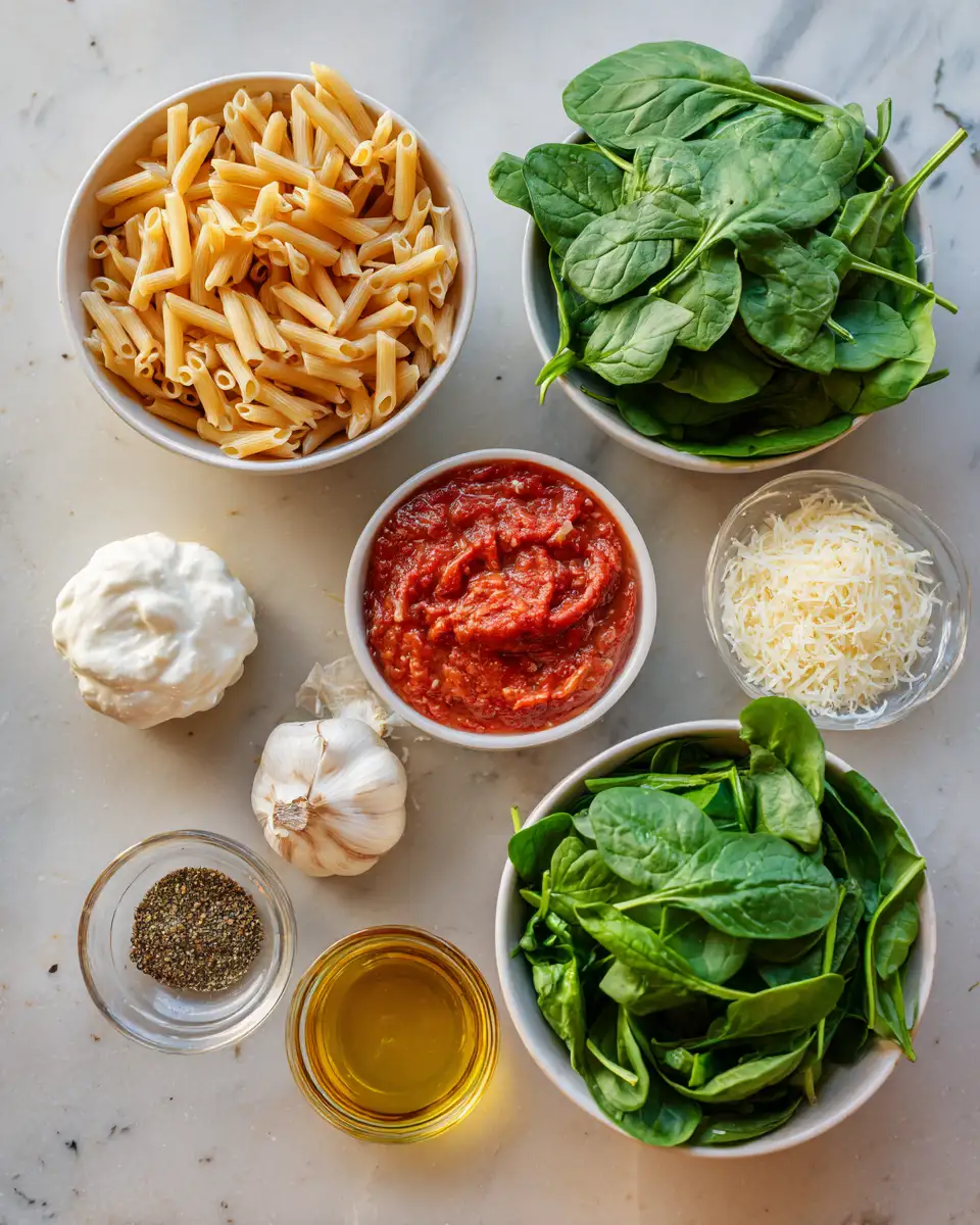 Indulge in Comfort with Creamy Tomato Spinach Pasta 4 Ingredients for Indulge in Comfort with Creamy Tomato Spinach Pasta