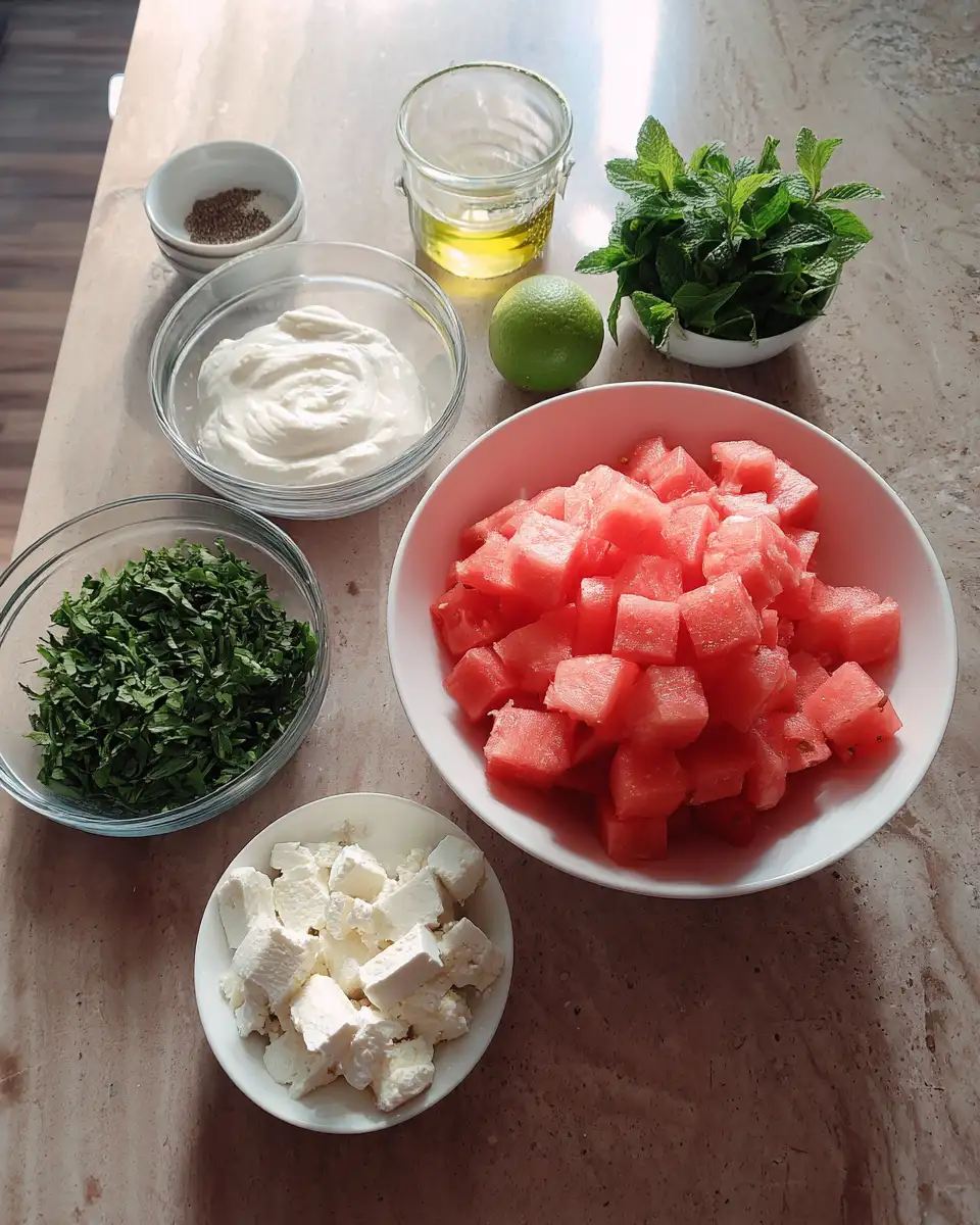 Ingredients for Refreshing Twist: Dive into the Creamy Watermelon Salad Experience