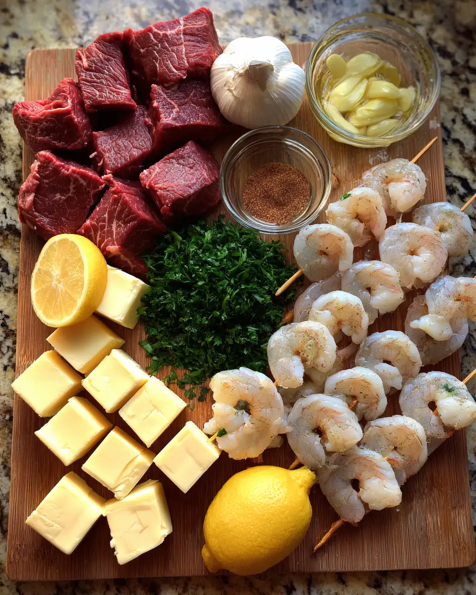 Ingredients for Sizzle and Succulence: Garlic Butter Steak & Shrimp Skewers Delight