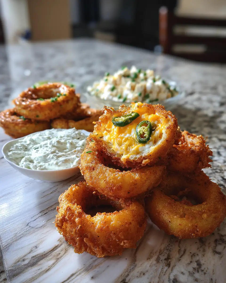 Ingredients for Crispy Meets Spicy: Jalapeño Popper Stuffed Onion Rings Delight