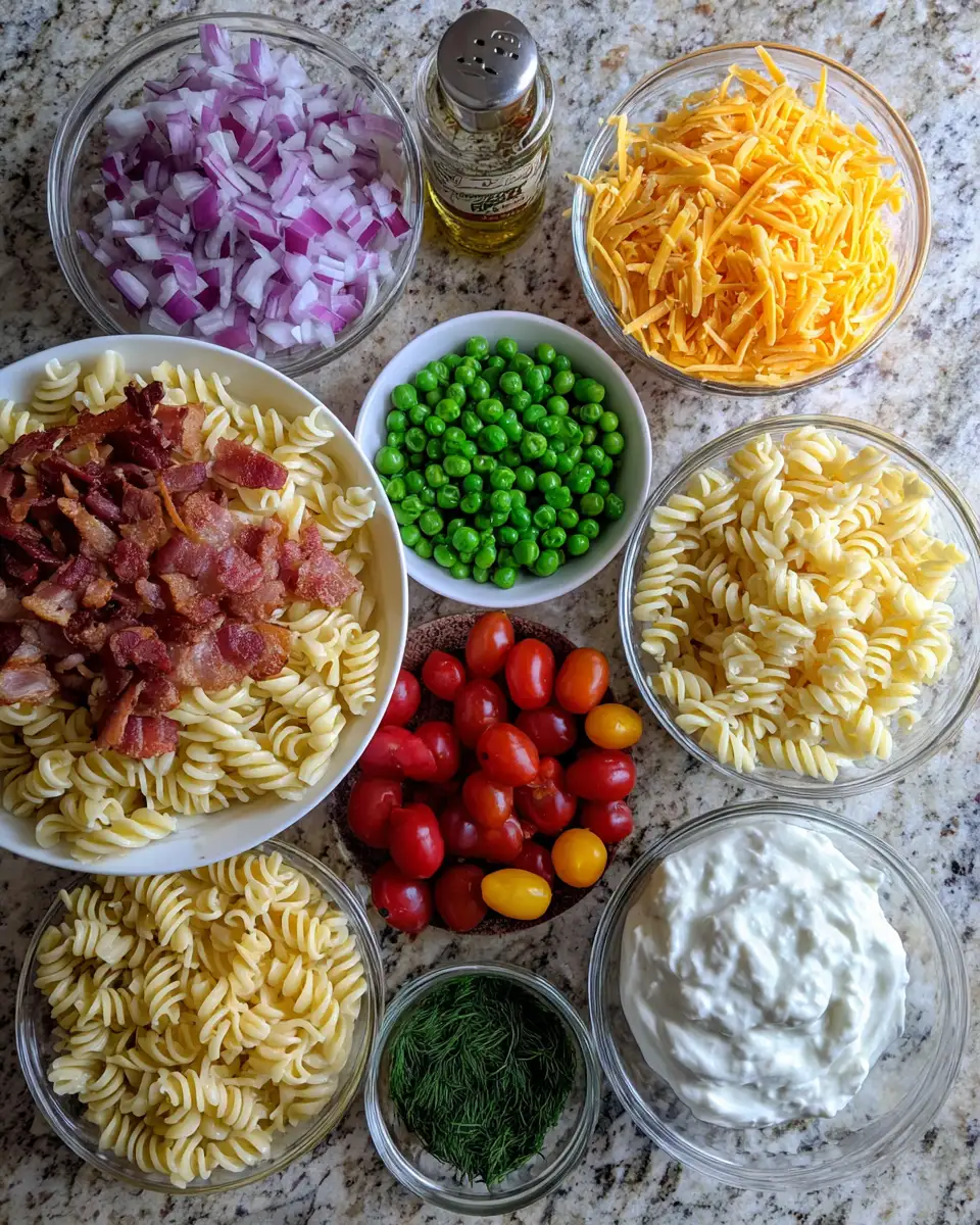 Ingredients for Ultimate Loaded Bacon Ranch Pasta Salad Bliss