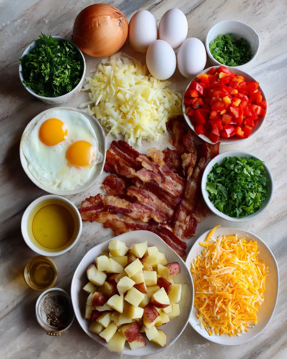 Ingredients for Wake Up to Flavor: Irresistible Loaded Breakfast Skillet with Eggs & Bacon