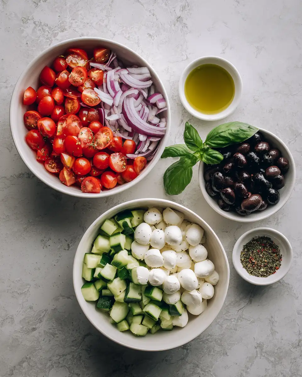 Ingredients for Savourez l'Été : Salade Grecque Fraîche avec Mozzarella et Olives