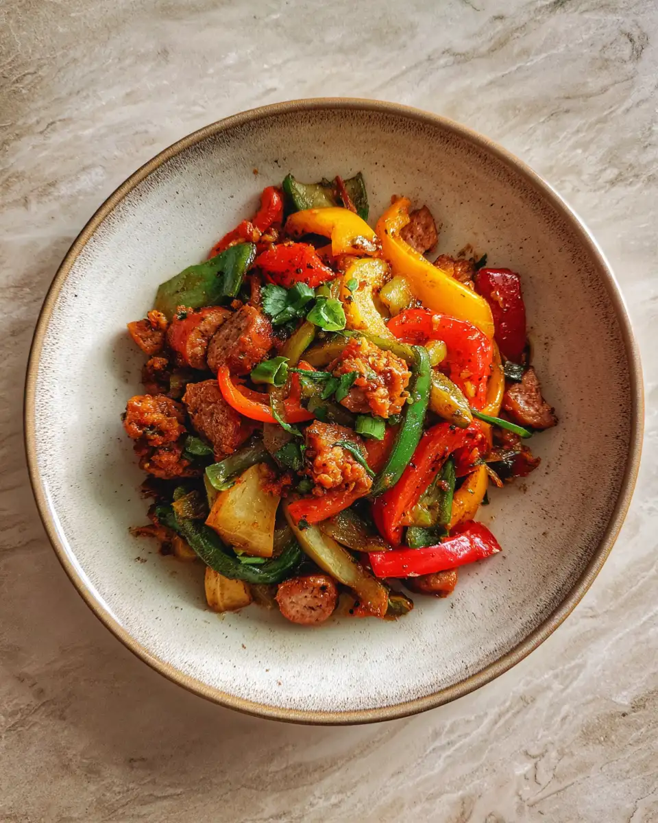 Final dish - Sizzle and Spice: Sausage and Veggies Skillet with Bell Peppers Delight