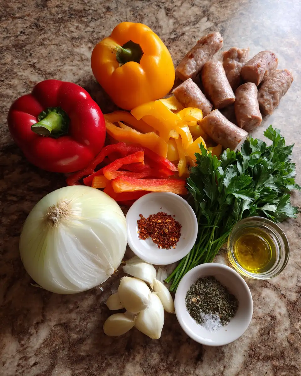 Ingredients for Sizzle and Spice: Sausage and Veggies Skillet with Bell Peppers Delight