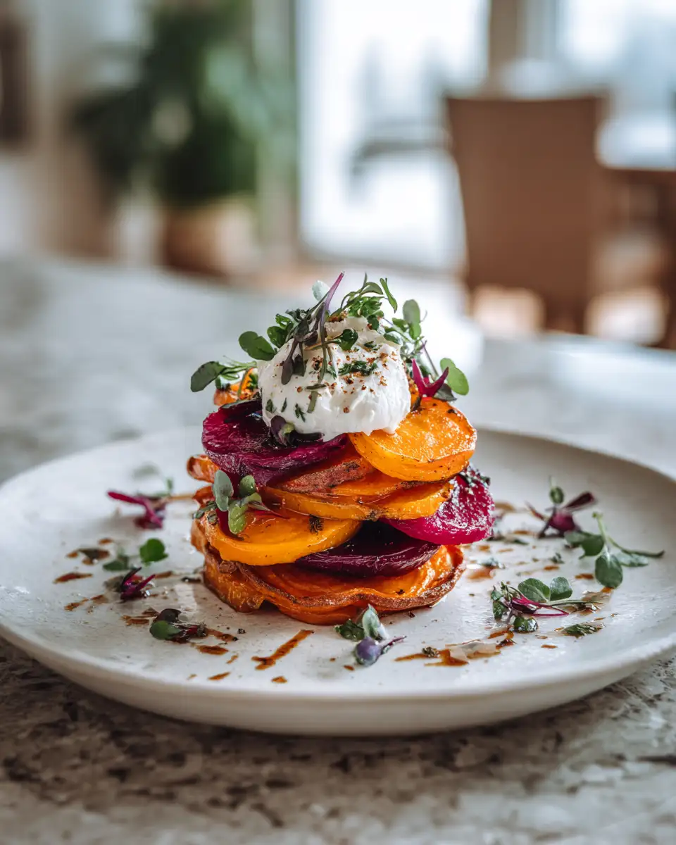 Colorful Culinary Creation Sweet Potato Beet Stacks with Burrata Bliss 6 Final dish - Colorful Culinary Creation Sweet Potato Beet Stacks with Burrata Bliss