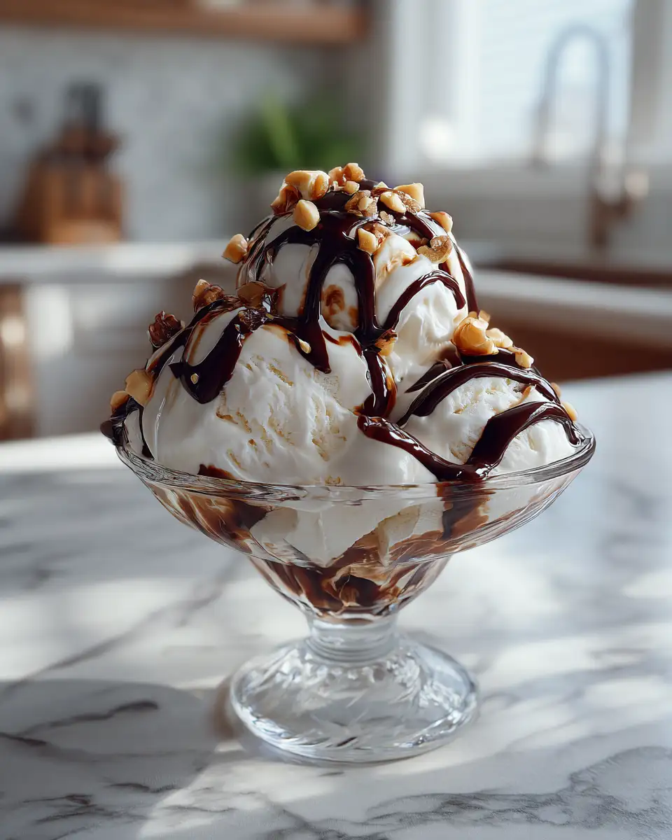 Final dish - Indulge in a Blissful Vanilla Sundae with Chocolate Drizzle and Roasted Nuts Delight