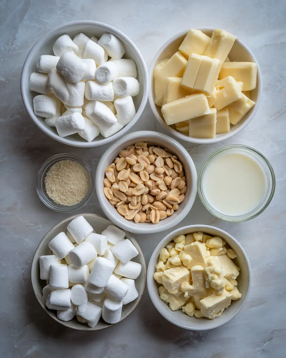 Decadent White Chocolate Peanut Marshmallow Fudge Delight 4 Ingredients for Decadent White Chocolate Peanut Marshmallow Fudge Delight
