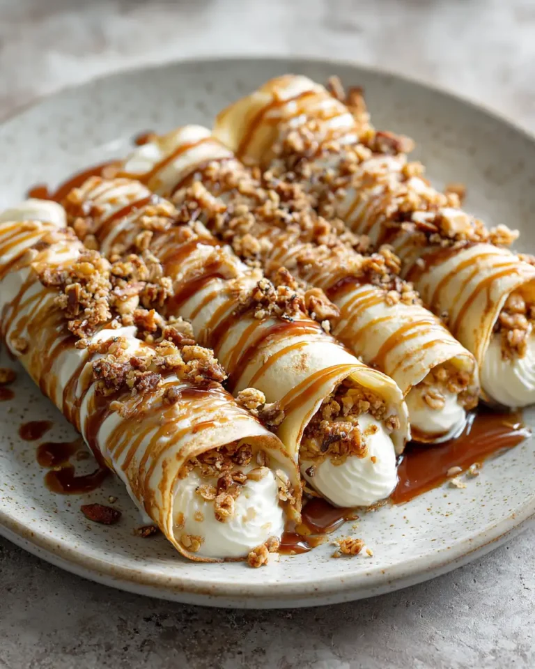 Decadent Banana Cream Crepe Rolls with Caramel Drizzle and Crunchy Granola Delight - Featured Image