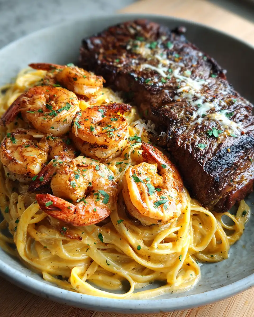 Sizzling Blackened Steak and Shrimp Alfredo: A Decadent Delight 6 Final dish - Sizzling Blackened Steak and Shrimp Alfredo: A Decadent Delight