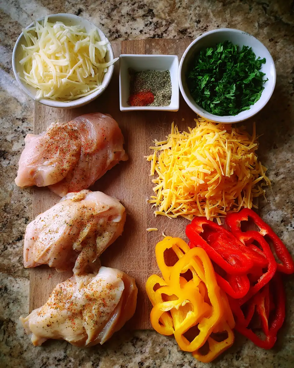 Melt-in-Your-Mouth Cheesy Baked Chicken Breasts with Colorful Peppers 4 Ingredients for Melt-in-Your-Mouth Cheesy Baked Chicken Breasts with Colorful Peppers