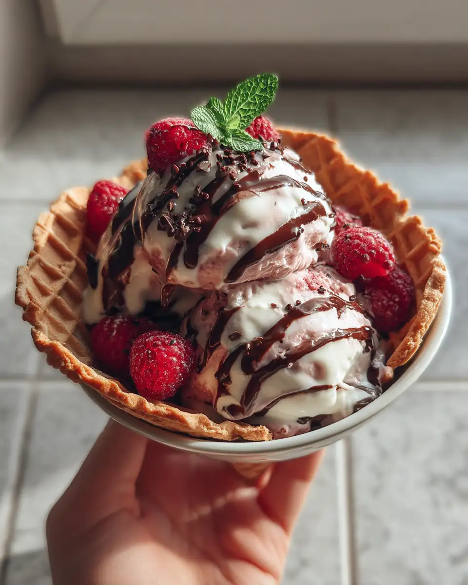 Final dish - Indulge in a Chocolate Berry Swirl Waffle Cone Bowl Delight
