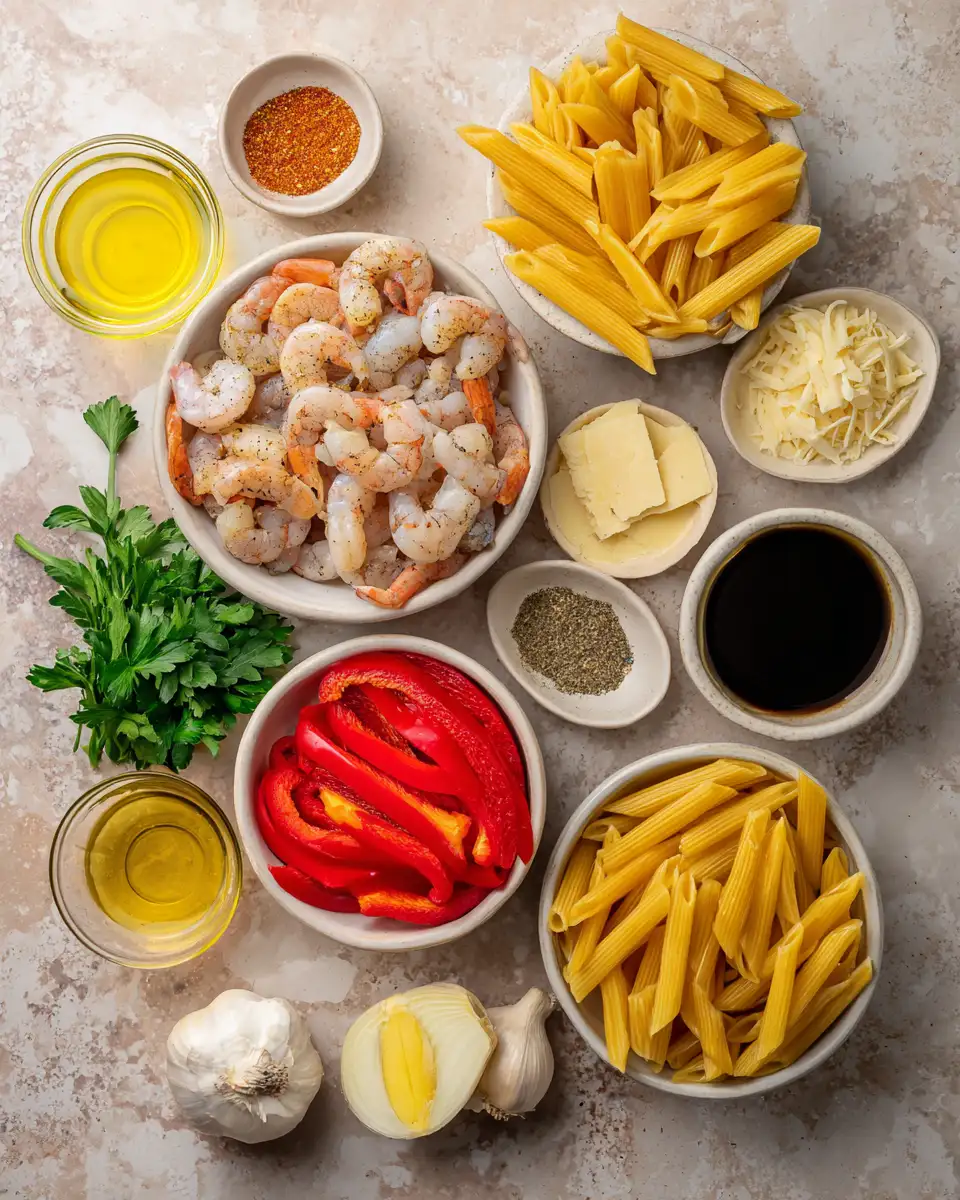 Ingredients for Creamy Cajun Shrimp Pasta Delight with Penne
