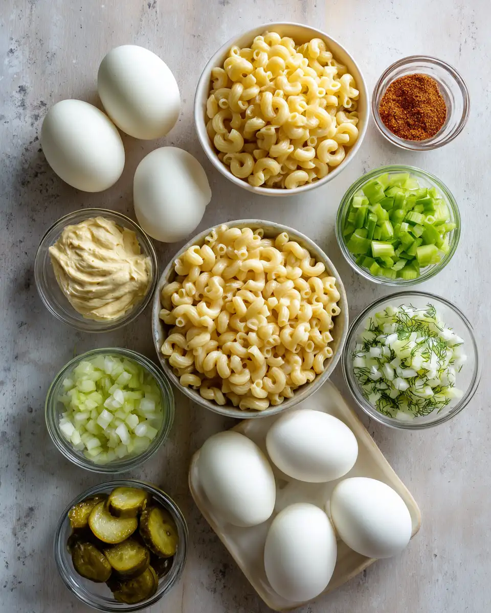 Ingredients for Ultimate Creamy Deviled Egg Macaroni Salad Delight
