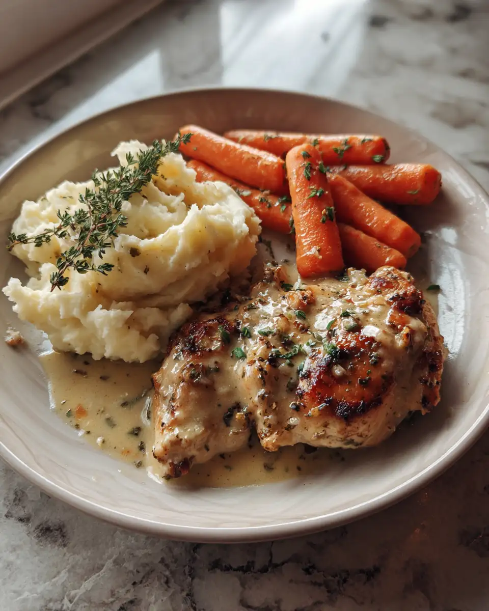 Indulge in Creamy Herb Chicken Bliss with Perfectly Paired Mashed Potatoes and Glazed Carrots 6 Final dish - Indulge in Creamy Herb Chicken Bliss with Perfectly Paired Mashed Potatoes and Glazed Carrots