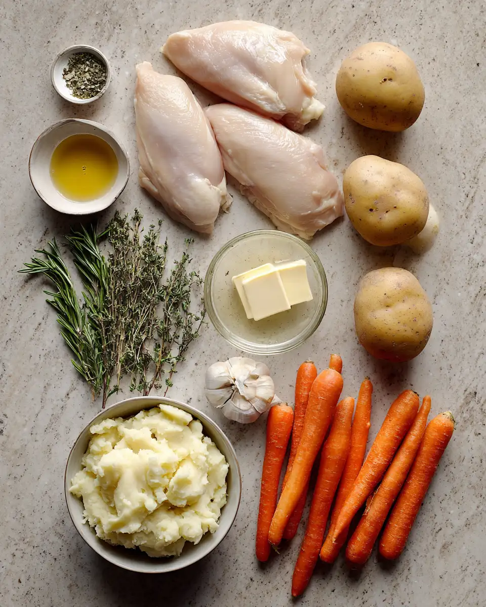 Indulge in Creamy Herb Chicken Bliss with Perfectly Paired Mashed Potatoes and Glazed Carrots 4 Ingredients for Indulge in Creamy Herb Chicken Bliss with Perfectly Paired Mashed Potatoes and Glazed Carrots