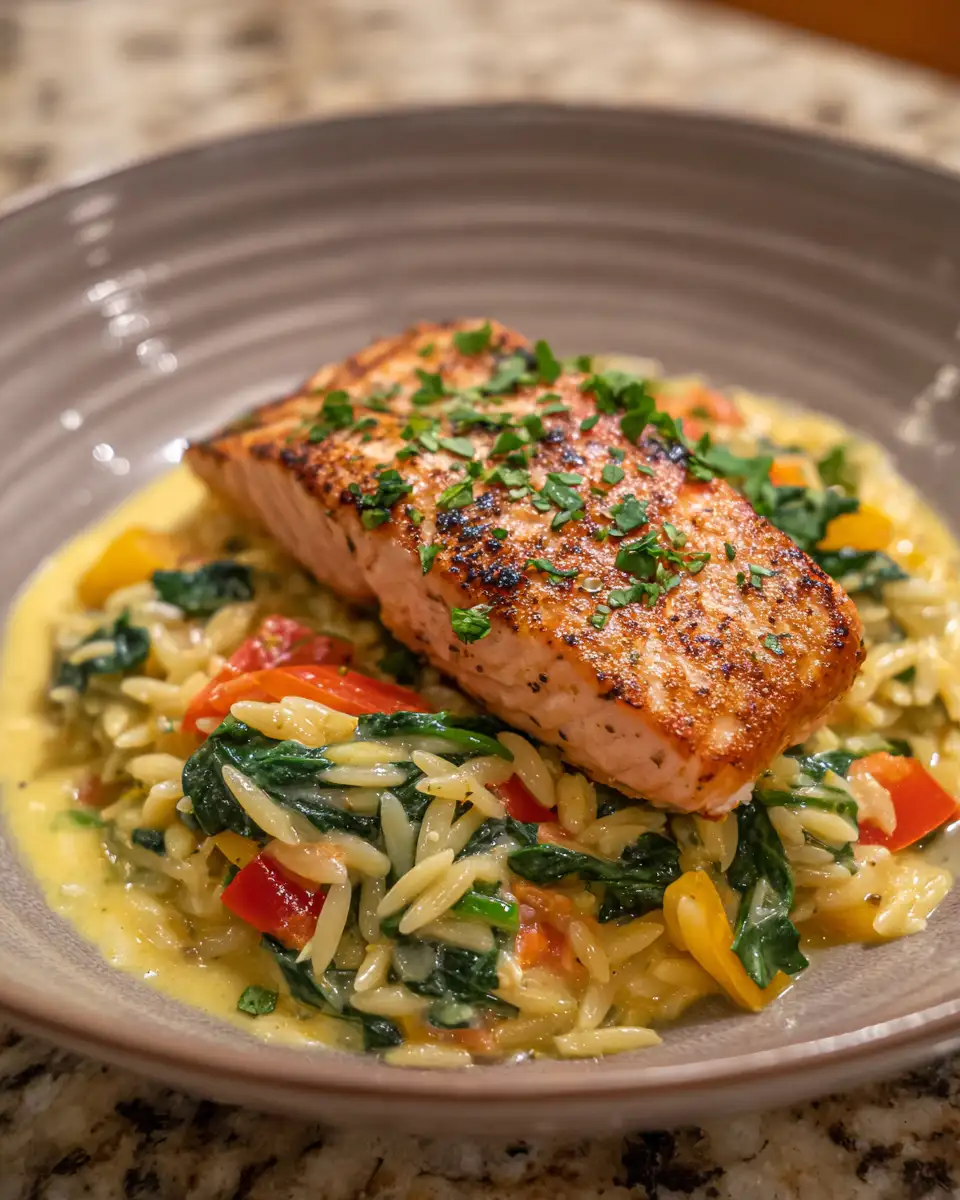 Creamy Salmon Orzo with Spinach and Bell Pepper: A Flavorful One-Pot Wonder 6 Final dish - Creamy Salmon Orzo with Spinach and Bell Pepper: A Flavorful One-Pot Wonder