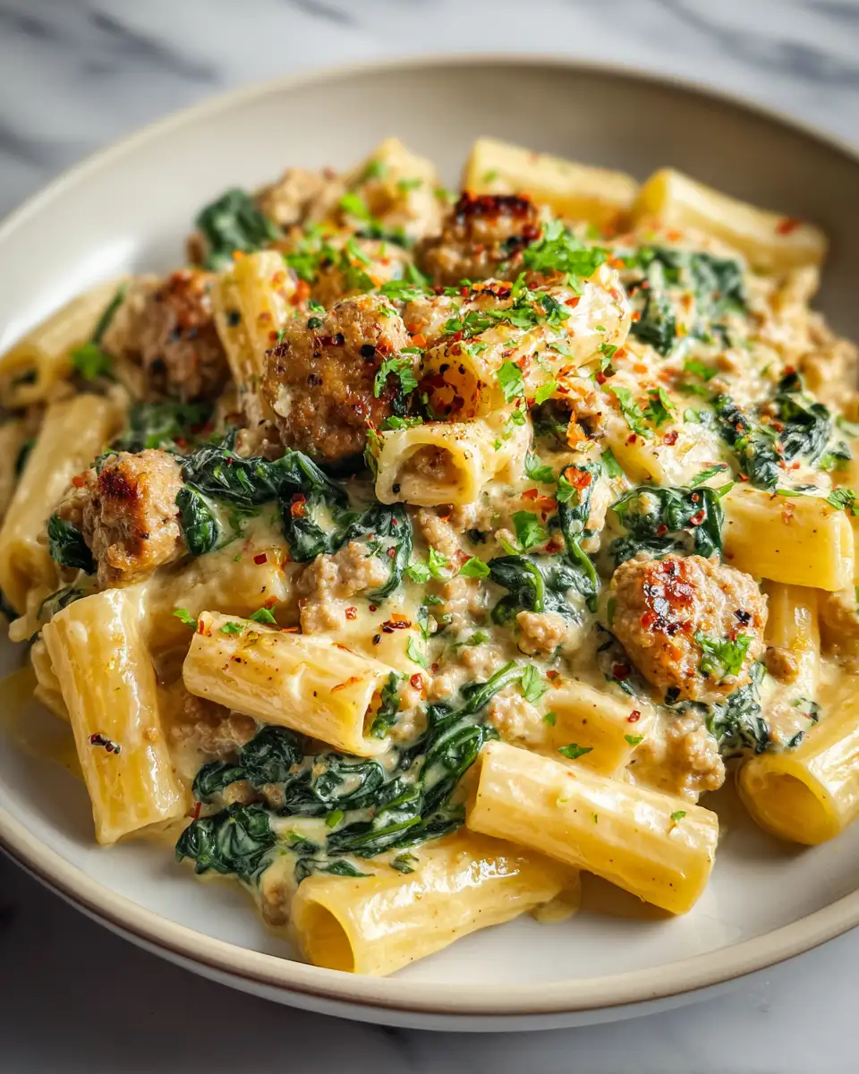 Final dish - Indulge in Comfort: Creamy Sausage Rigatoni with Spinach Delight