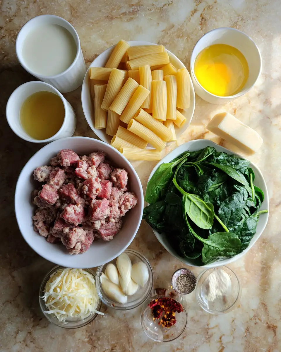 Ingredients for Indulge in Comfort: Creamy Sausage Rigatoni with Spinach Delight