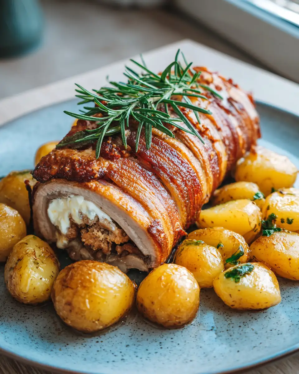 Final dish - Unwrap the Flavor: Crispy Stuffed Pork Loin Roast with Golden Potatoes Delight