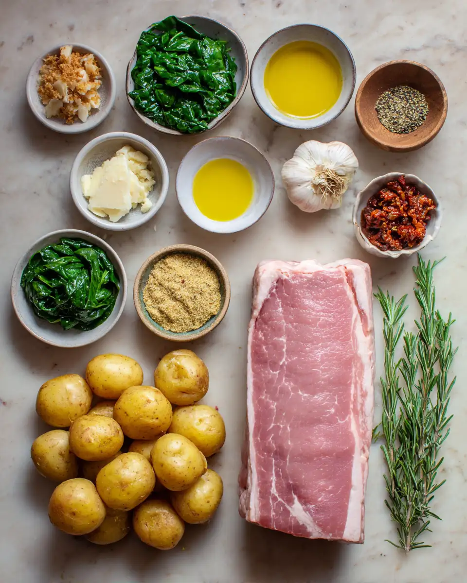 Ingredients for Unwrap the Flavor: Crispy Stuffed Pork Loin Roast with Golden Potatoes Delight
