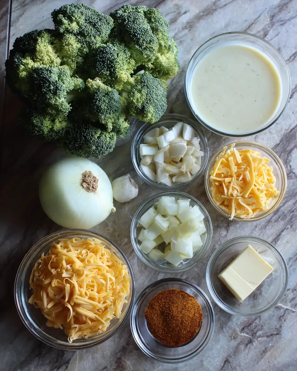 Ingredients for Creamy Comfort in a Bowl Easy Broccoli Cheese Soup Recipe