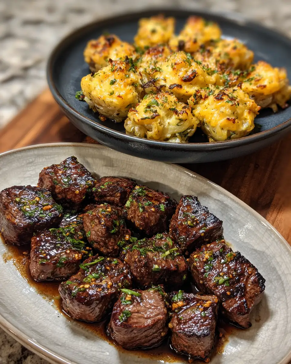 Sizzle and Smash: Irresistible Garlic Butter Steak Bites with Cheesy Smashed Potatoes 6 Final dish - Sizzle and Smash: Irresistible Garlic Butter Steak Bites with Cheesy Smashed Potatoes