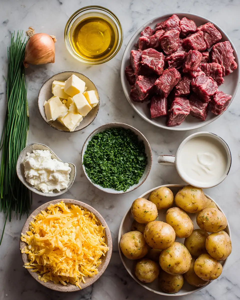 Sizzle and Smash: Irresistible Garlic Butter Steak Bites with Cheesy Smashed Potatoes 4 Ingredients for Sizzle and Smash: Irresistible Garlic Butter Steak Bites with Cheesy Smashed Potatoes