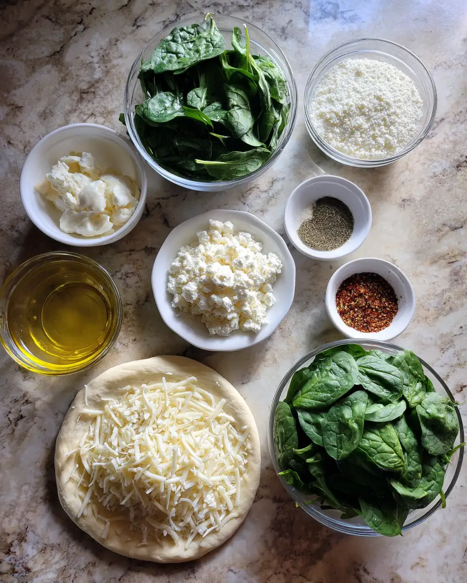Savor the Mediterranean: Greek Spinach and White Pizza Delight 4 Ingredients for Savor the Mediterranean: Greek Spinach and White Pizza Delight