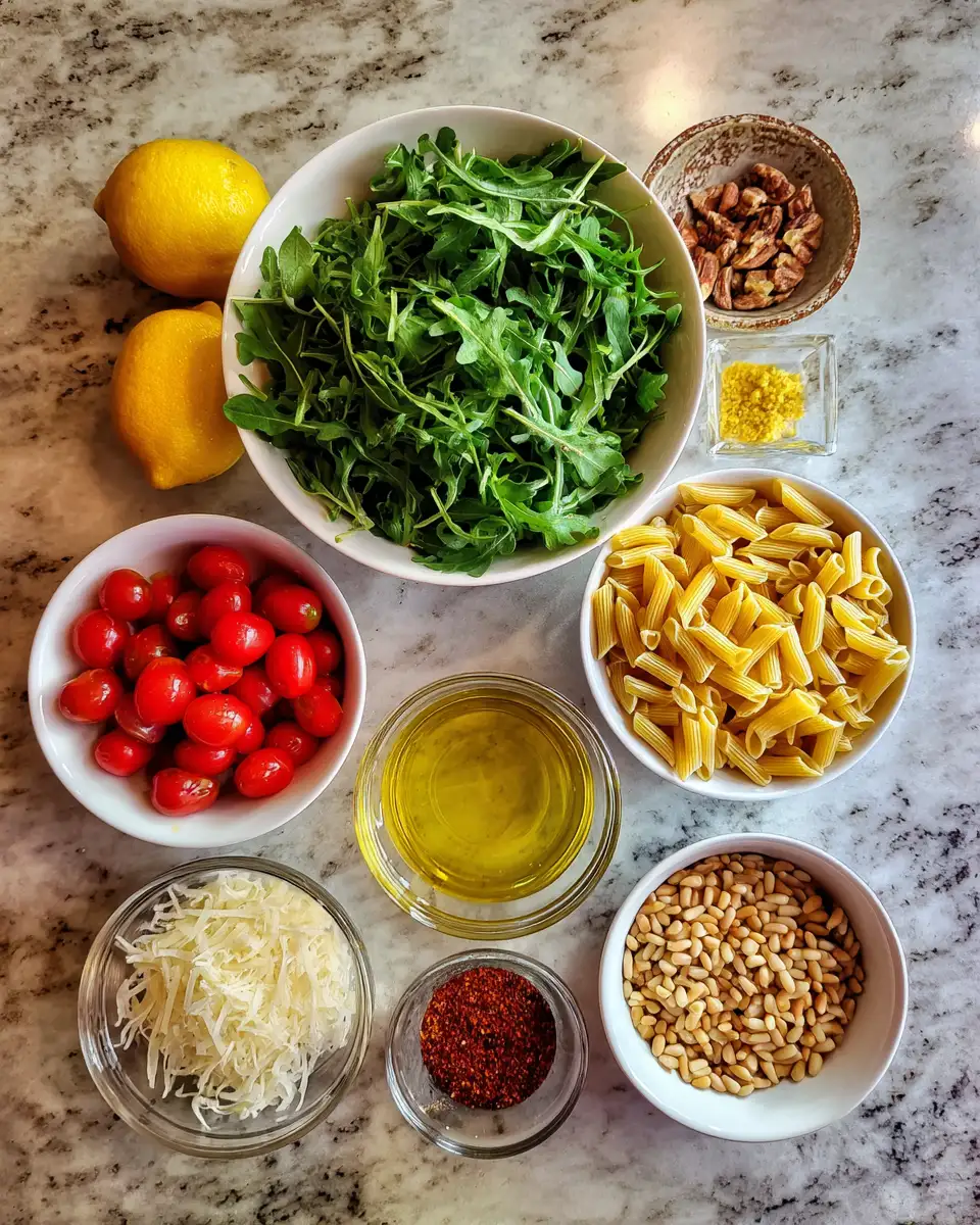 Ingredients for Zesty Lemon Arugula Pasta Salad Delight