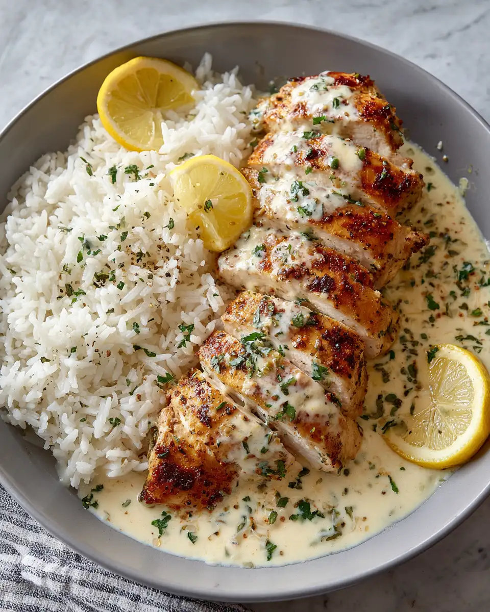 Final dish - Zesty Lemon Herb Chicken with Creamy Sauce and Fluffy Rice Delight