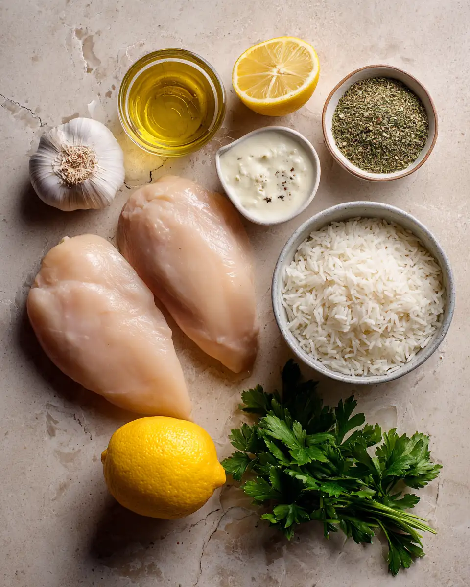 Ingredients for Zesty Lemon Herb Chicken with Creamy Sauce and Fluffy Rice Delight