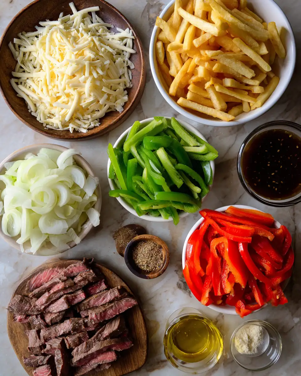 Ingredients for Ultimate Loaded Philly Cheesesteak Fries Recipe Explosion