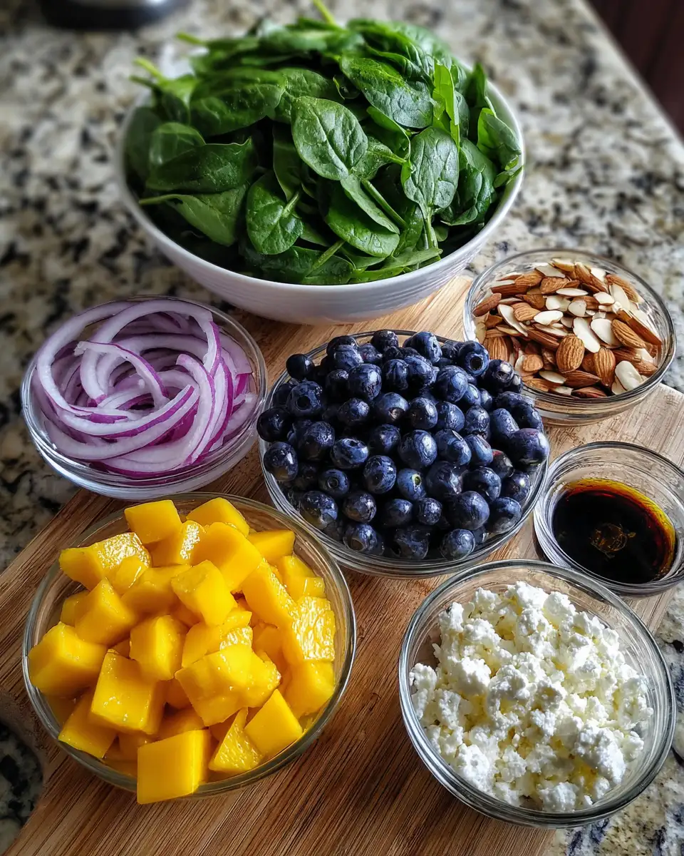 Tantalize Your Taste Buds with a Vibrant Mango Blueberry Spinach Salad 4 Ingredients for Tantalize Your Taste Buds with a Vibrant Mango Blueberry Spinach Salad