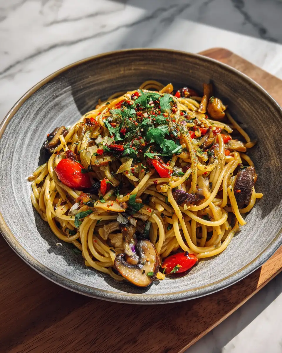 Earthy Elegance: Mushroom Spaghetti Aglio Olio Delight 6 Final dish - Earthy Elegance: Mushroom Spaghetti Aglio Olio Delight