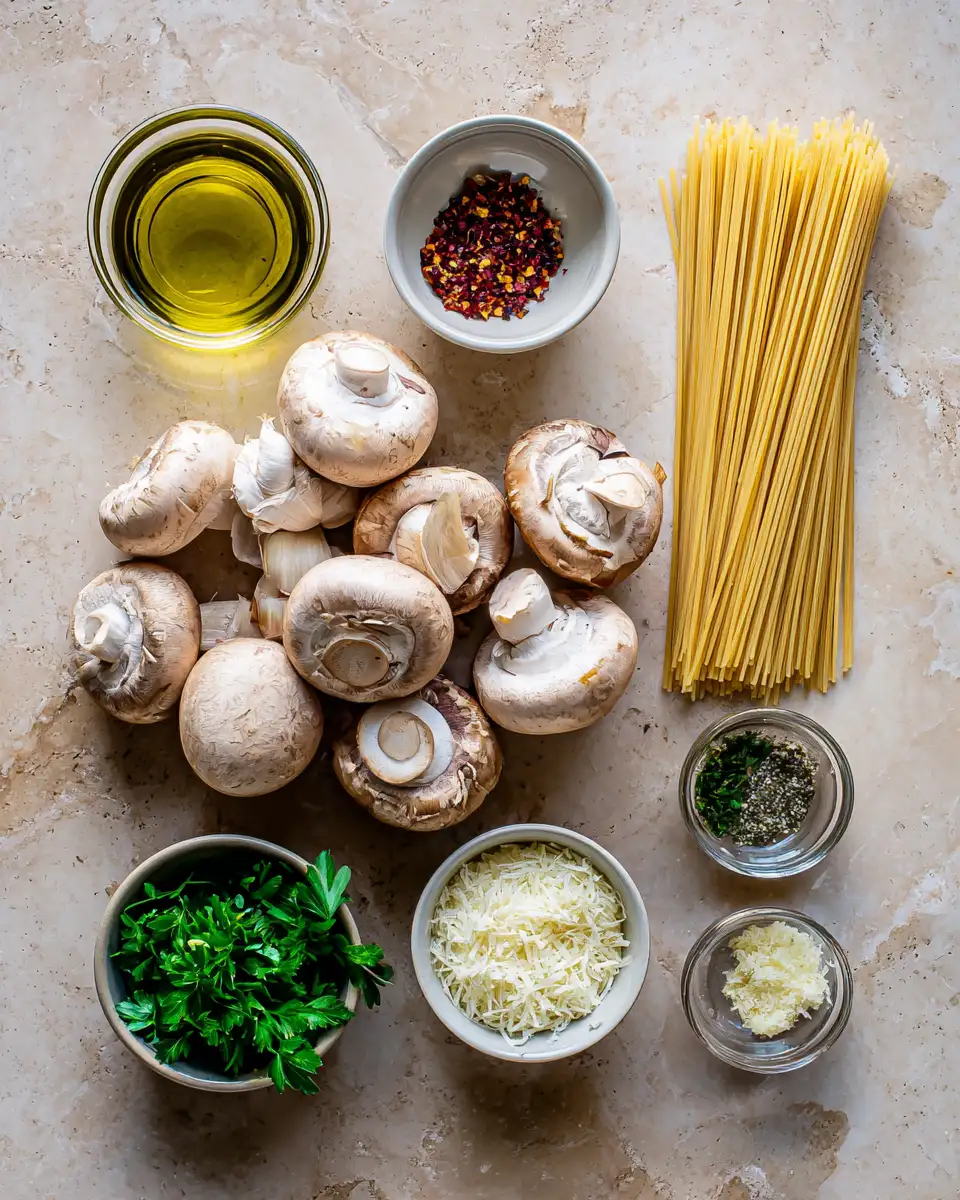 Earthy Elegance: Mushroom Spaghetti Aglio Olio Delight 4 Ingredients for Earthy Elegance: Mushroom Spaghetti Aglio Olio Delight
