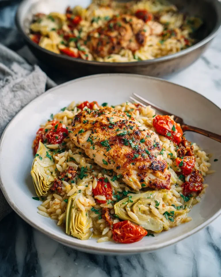 One-Pan Chicken and Orzo Delight with Artichokes and Sun-Dried Tomatoes - Featured Image