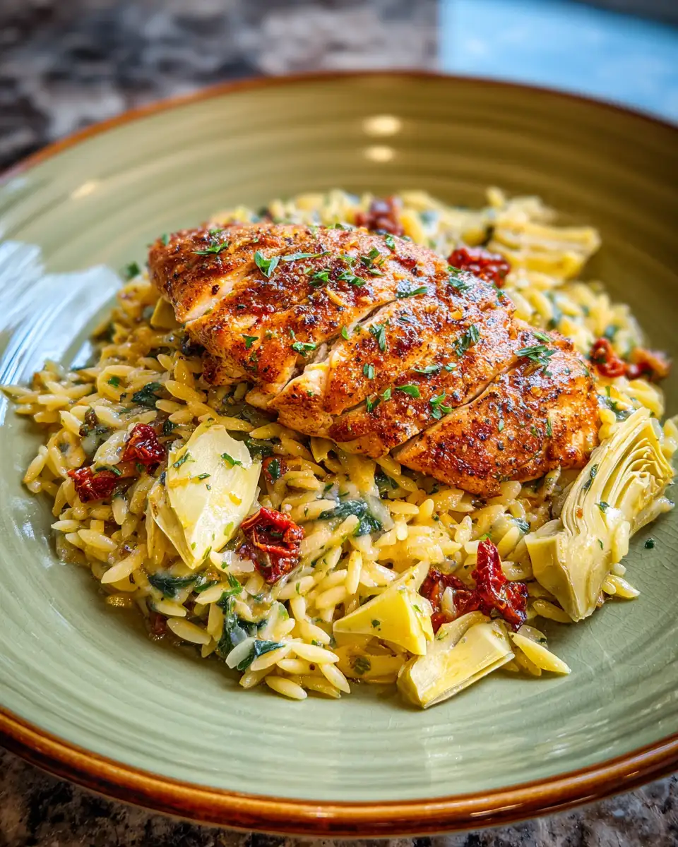 Final dish - One-Pan Chicken and Orzo Delight with Artichokes and Sun-Dried Tomatoes