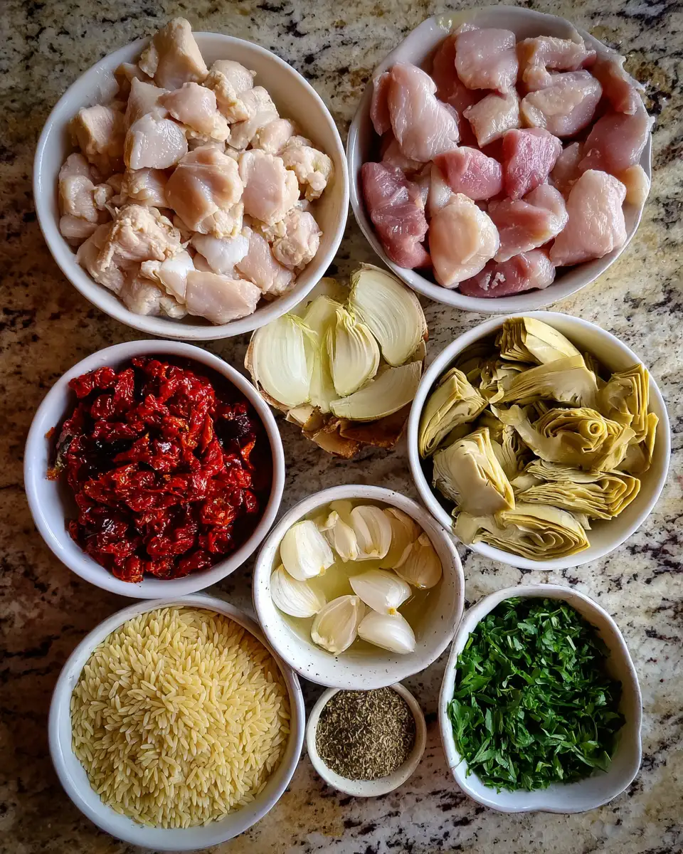 Ingredients for One-Pan Chicken and Orzo Delight with Artichokes and Sun-Dried Tomatoes
